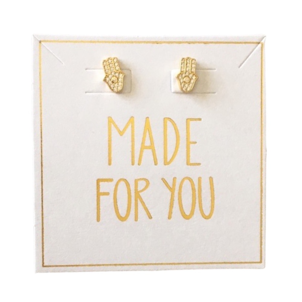new Pave Cubic Zirconia Hamsa Stud Earrings ❃ 14KT Gold Plated Sterling Silver - Picture 7 of 16